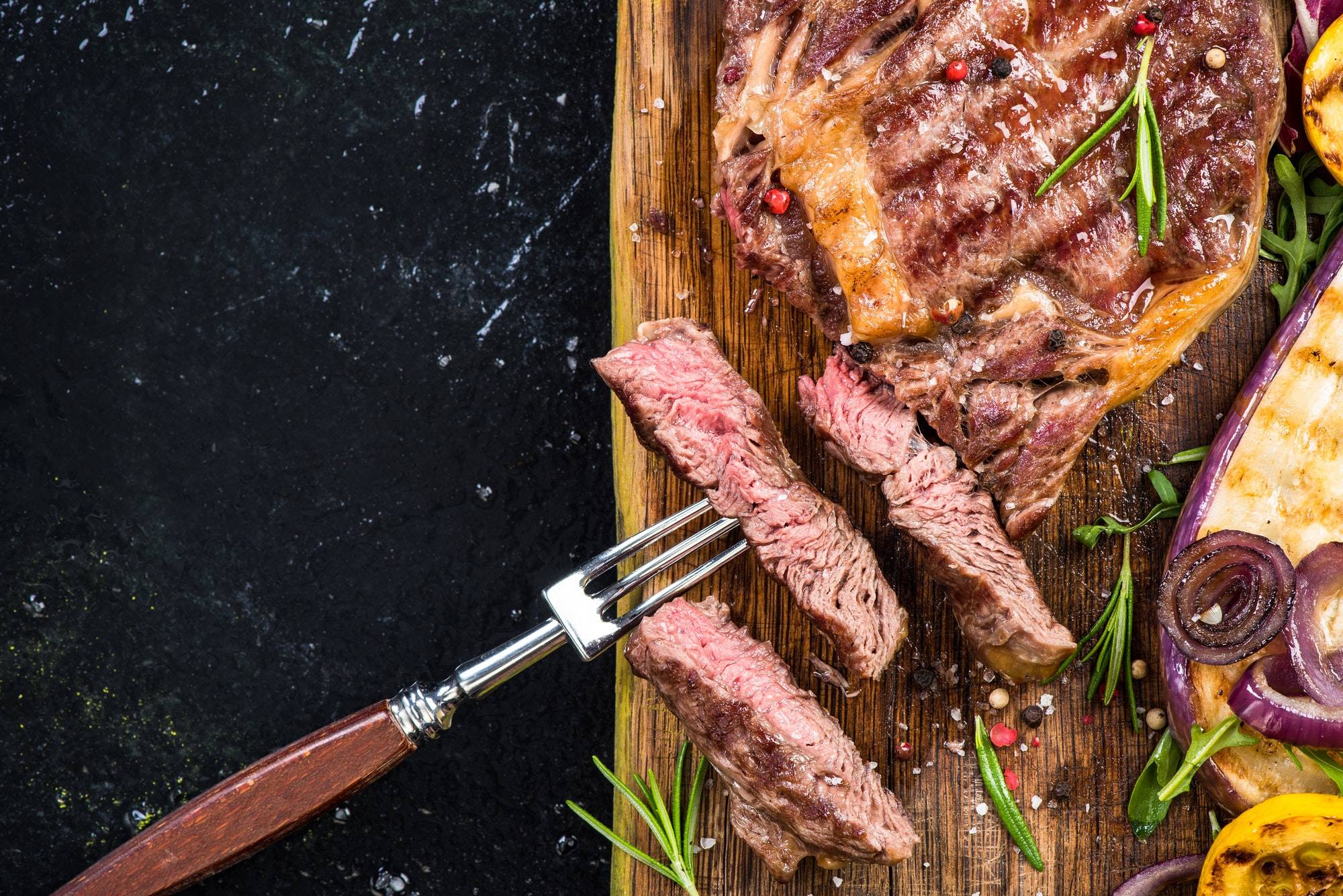 Grilled steak with vegetables, restaurant template